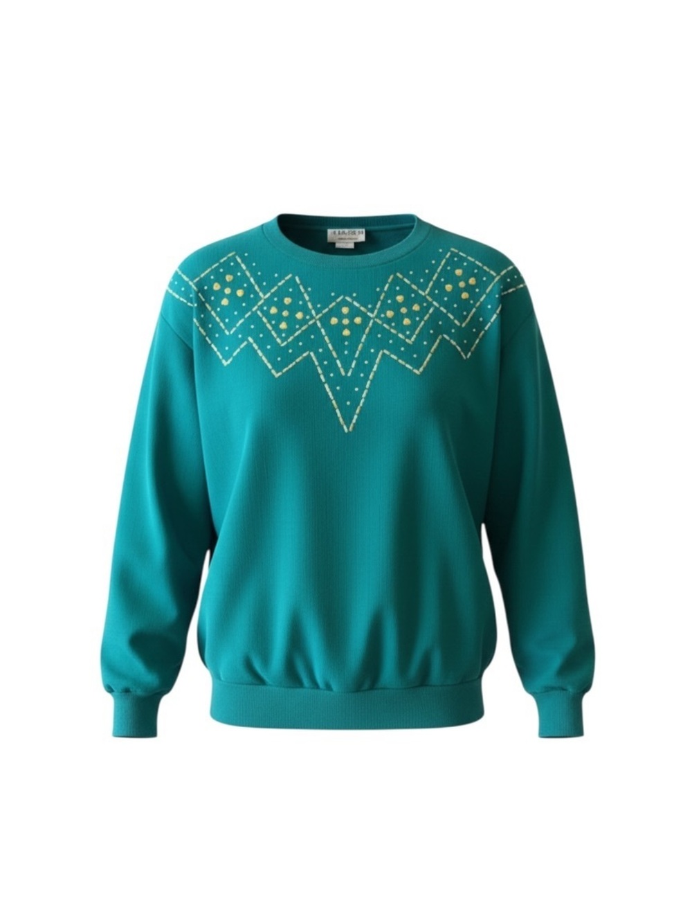 Adolfo Vintage Teal & Gold Geometric Embellished Sweatshirt